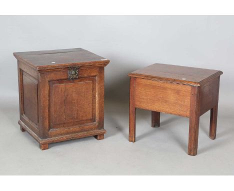 An 18th century panelled oak box, height 53cm, width 47cm, depth 44cm, and an 18th century mahogany commode stool, width 49cm