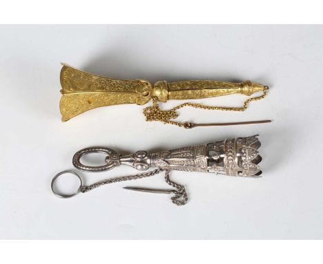 A 19th century engraved gilt metal posy holder with a folding tripod base, length 13.5cm, together with a late 19th century s