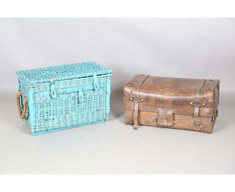 A 19th century brown leather travelling case by G. Maude of Leeds, with pokerwork scrolls, height 33cm, width 68cm, height 33