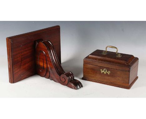 A George III mahogany tea caddy with pagoda moulded lid, width 24cm, together with a Victorian mahogany wall bracket, width 3