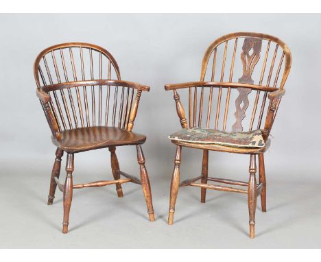 A mid-19th century pine and elm stick and hoop back Windsor armchair, height 86cm, width 55cm, depth 54cm, together with anot