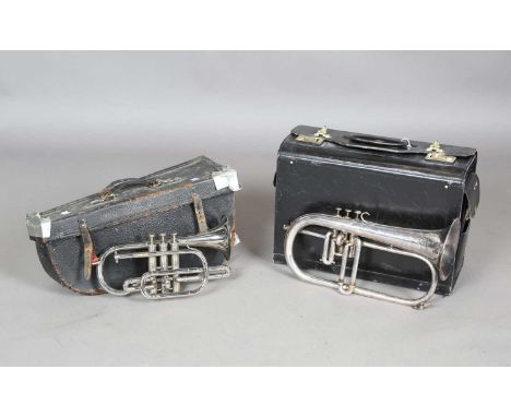 A silver plated flugel horn by Besson &amp; Co, together with a similar cornet by Besson &amp; Co, both cased.