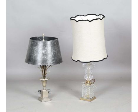 A 20th century cut glass and gilt metal table lamp, fitted with a grey fabric shade, height 90cm, together with another 20th 