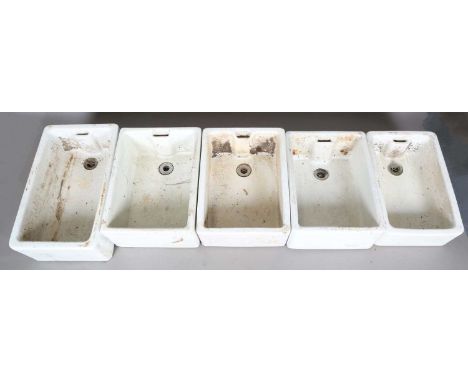 A group of five early 20th century white glazed ceramic Belfast sinks, widths all approximately 61cm.