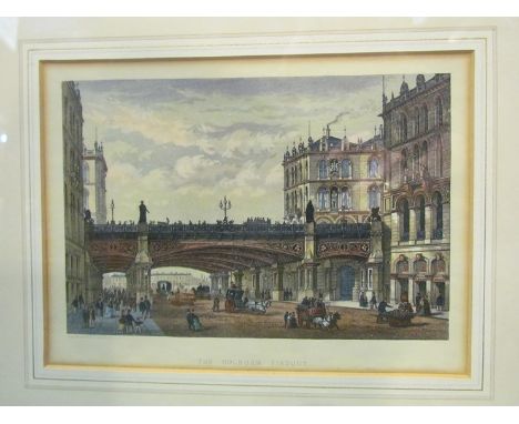 Three 19th Century coloured prints of Holburn Viaduct, St Catherines docks