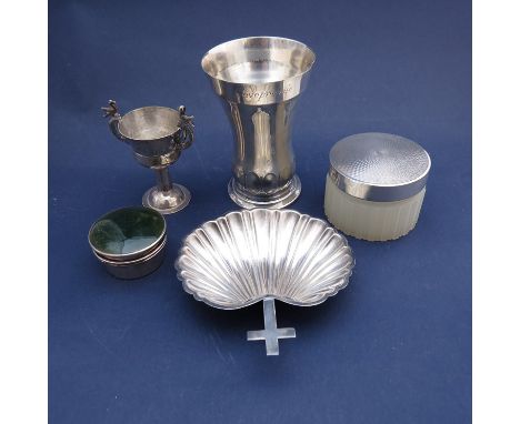 An Asprey's silver lidded jar, Italian baptism shell form bowl, silver pill box, Manus Hammel beater and Spanish Colonial sil