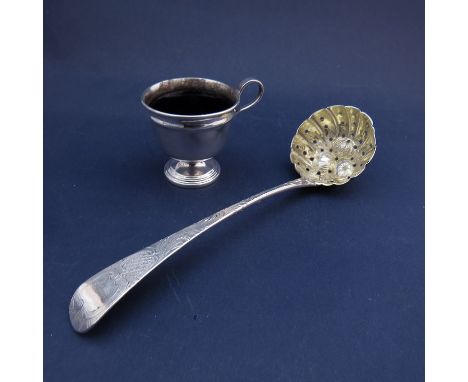 A George Smith and William Fearn Georgian silver fruit straining ladle embossed with fruit to bowl, engraved handle, London 1