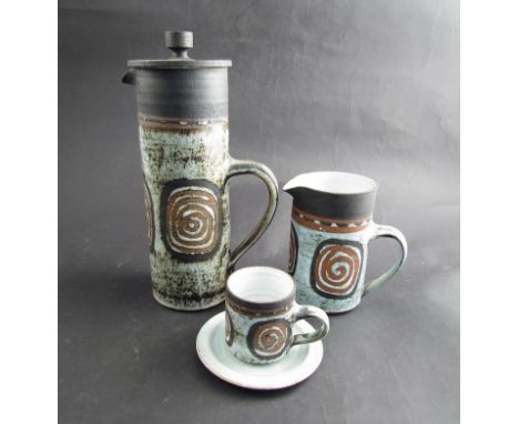 A Briglin late 1960's Studio pottery coffee jug and cups, saucers, jug plus pottery planter