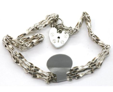 Silver three bar vintage gate bracelet with padlock clasp. P&amp;P Group 1 (£14+VAT for the first lot and £1+VAT for subseque