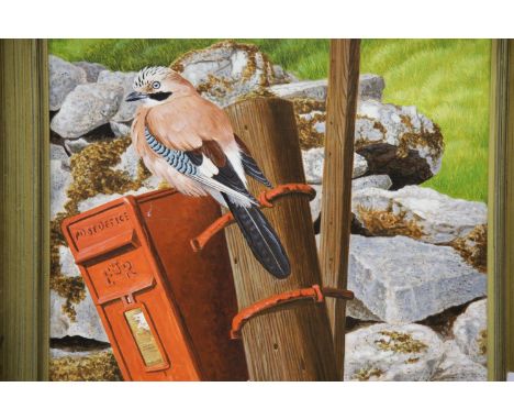 Thomas J Bereton gilt framed oil on board of a jay on a post box.  P&amp;P Group 3 (£25+VAT for the first lot and £5+VAT for 