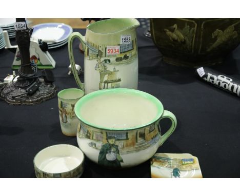 Royal Doulton Dickens Ware design ceramic bed pan Sairey Gamp, a large damaged water pitcher Sam Weller, and further items of