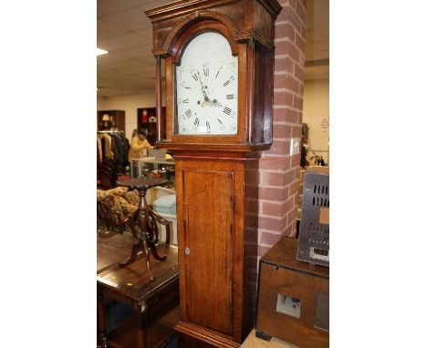 A 19TH CENTURY OAK AND MAHOGANY INLAID EIGHT DAY LONGCASE CLOCK BY JOHN CHAMBLEY OF WOLVERHAMPTON, the painted face with date