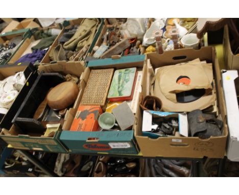THREE BOXES OF ASSORTED VINTAGE ITEMS TO INC BOXED MINCER, SEWING BOX WITH CONTENTS & 78' RECORDS