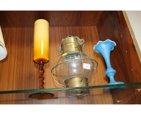 A BRASS + GLASS LANTERN + TWO VINTAGE GLASS VASES  (3)