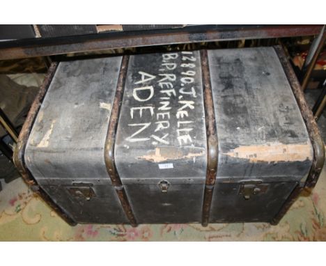 AN UNUSUAL VINTAGE BRITISH PETROLEUM (BP) TRUNK NAMED TO: J KELLET, B.P. REFINERY ADEN, WITH CORRESPONDING NAMED HESSIAN SACK
