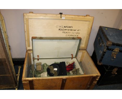 A MILITARY TRUNK + SUITCASE + CONTENTS NAMED TO LIEUTENANT LINFORD, ROYAL ENGINEERS, INCLUDING WEBBING BADGES + UNIFORM ITEMS