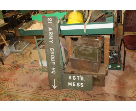 THREE VINTAGE METAL AMMUNITION BOXES (INC ONE X 1942 DATED FOR 2" MORTAR) A METAL TOOL BAG & TWO MILITARY WOODEN SIGNS