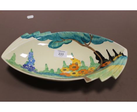 A CLARICE CLIFF FOR WILKINSON 'HOLLYHOCKS' PATTERN ART DECO BOWL, of oval form, hand painted decoration, 'Bizarre' marks to b