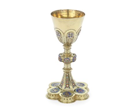 A French silver-gilt and enamel chalicePlacide Poussielgue-Rusand, Paris circa 1860 Neo-Gothic style, with inset champlevé en