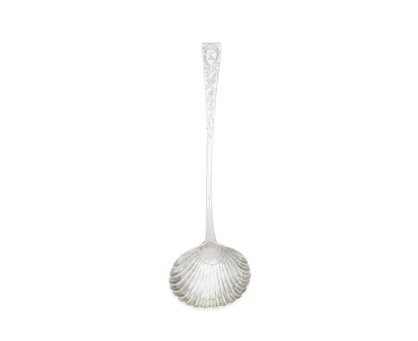 A George III Irish silver hook end bottom marked soup ladleWilliam Ward, Dublin 1775 With shell bowl, flat chased rococo cart