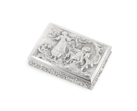 A George IV silver snuff boxThomas Shaw, Birmingham 1826 Rectangular, the cover set with a scene in the Teniers style of a ge