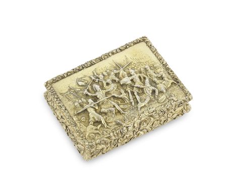 A George IV silver-gilt snuff boxby Thomas Shaw, Birmingham 1828 Rectangular, the cover with a highly-detailed relief scene o