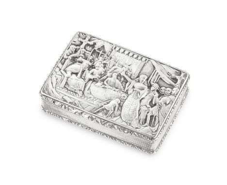 A William IV silver snuff boxThomas Shaw, Birmingham 1830 Rectangular, the cover with a relief religious scene, reeded sides,