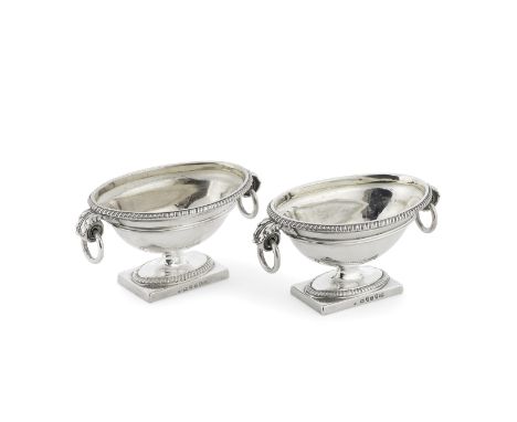 A pair of George III silver saltsPaul Storr, London 1802 Oval form, with two drop-ring handles, length 13cm, weight 11.5oz. (