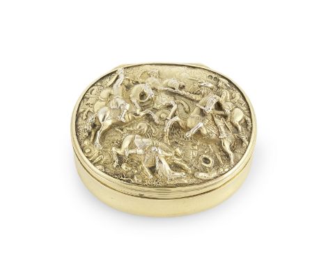 A George IV silver-gilt snuff boxEdward Farrell, London 1824 Oval, the cover set with a 17th century cavalry battle scene in 