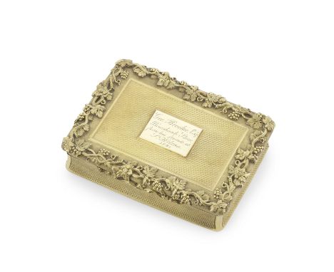 A William IV silver-gilt snuff boxCharles Reilly and George Storer, London 1831 Rectangular, the cover with later-added prese