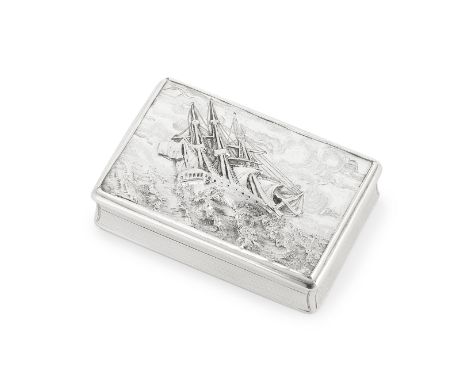 A Victorian silver snuff boxThomas Edwards, London 1837 Rectangular, depicting in relief a fully-rigged sailing ship in storm