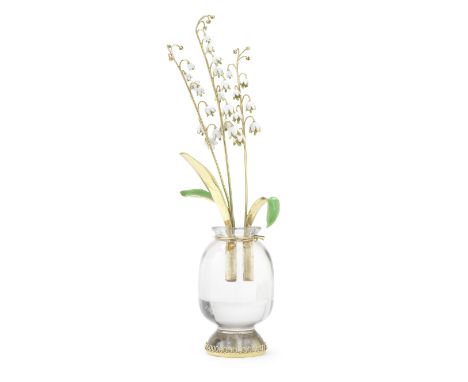 An Italian rock crystal, enamelled and yellow metal ornamental vase of lily of the valleyStamped 750The three stems of flower