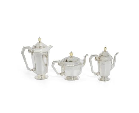 An Art Deco three-piece silver tea and coffee serviceGoldsmiths &amp; Silversmiths Co, London 1934 / 1935 Octagonal form, com