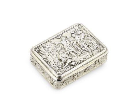 A George III silver-gilt snuff boxby Joseph Ash I, London 1813Rectangular, the cover with a relief scene of 'Alexander and Di