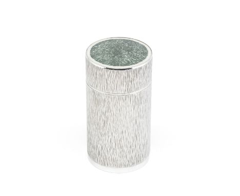 GERALD BENNEY: a silver and enamel cigar canisterLondon 1973 Cylindrical with bark-effect textured surface, the pull-off cove