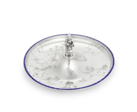 A silver and enamel dishprobably Japanese circa 1920 Border with blue enamel decoration, the surface etched with stylised lan