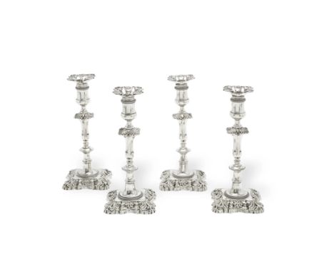 A set of four mid 18th century Irish cast silver candlesticksMichael Fowler, Dublin, circa 1755, hibernia and harp marks, no 