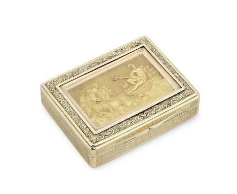 A George III silver-gilt snuff boxDaniel Hockly, London 1813 Rectangular, the cover inset with a relief plaque of Neptune in 
