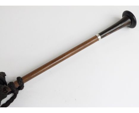 Late 19thC/20thC parasol with flattened treen and horn handle, mahogany stick with white metal collar and outer cover, 100cm