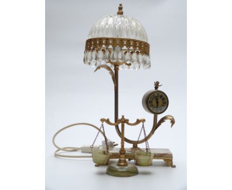 A combination clock lamp with drop lustre shade, a set of ornamental scales
