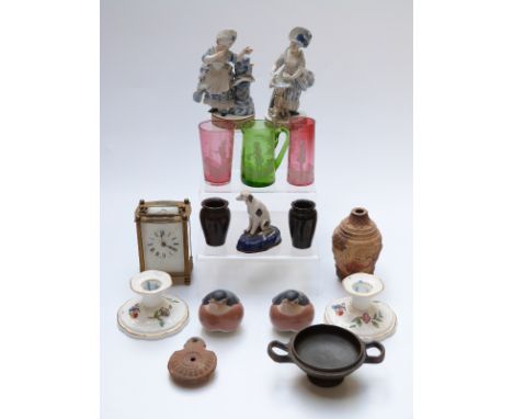 Mixed ceramics and glass including Mary Gregory style, Copenhagen etc and a brass carriage clock