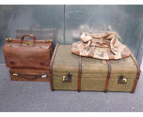 Leather Gladstone bag, vintage leather holdall, ash bound trunk and a leather suitcase