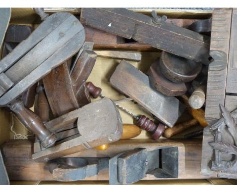 Two vintage treen football rattles/Victorian crow scarers, woodworking planes and tools, pedestal treen bowl etc