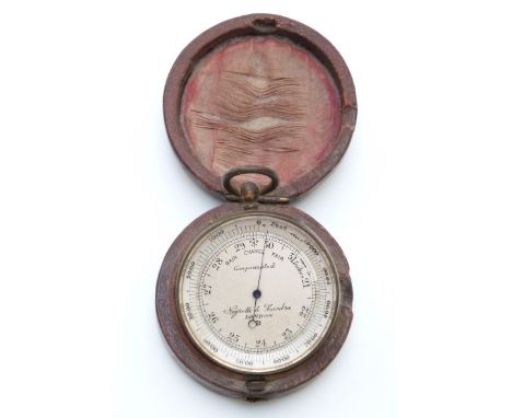 Negretti & Zambra London compensated pocket barometer with gilt case and silvered dial with blue steel indicator, in shagreen