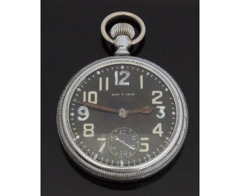 Waltham military issue open faced keyless winding pocket watch with black face, Arabic numerals, inset subsidiary seconds dia