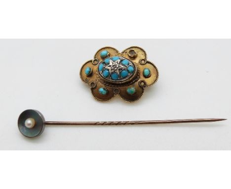 Victorian 15ct gold brooch set with turquoise and a diamond and a 15ct gold stick pin set with a pearl, 3.5g