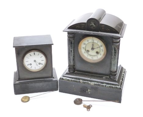 Two 19thC slate mantel clocks, one in architectural case with marbled decoration, both with two train movements, one striking