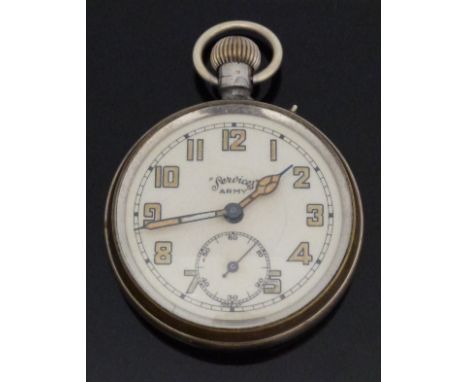 Services Army military open faced keyless winding pocket watch with cream face, luminous hands and Arabic numerals, engraved 