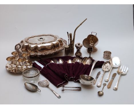 Quantity of silver plate to include Walker & Hall entree dish, opium pipe, pepper grinder etc and a hallmarked silver mounted