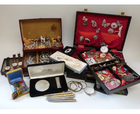 A collection of costume jewellery including brooches, bracelets, diamanté necklace, cufflinks, Ingersoll pocket watch, Stratt